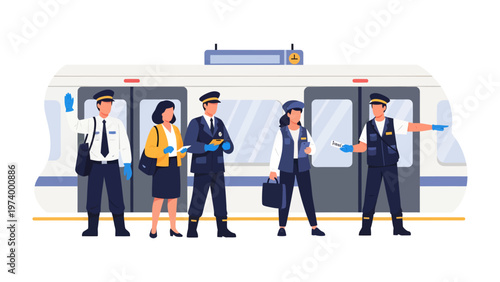 A Day in Public Transport: A team of transit workers and a passenger, representing a moment in public transit. They are readying a train for departure.