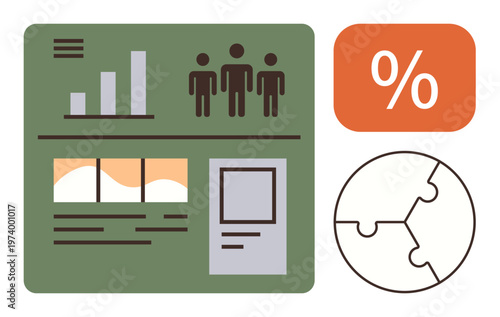 Business analytics, market research, team management, data interpretation, statistics, infographics. Charts, human figures percentage symbol and puzzle icon. Business analytics and market research