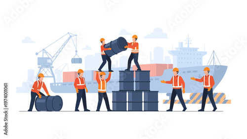 Unloading Barrels at Harbor: A group of diligent workers collaborates to unload heavy barrels at a bustling harbor, showcasing teamwork and the efficiency of industrial operations.