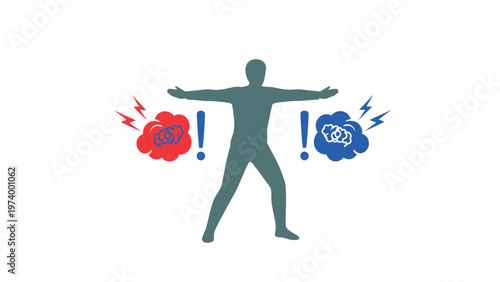 Person grappling with conflicting thoughts and emotional struggle. Mental conflict, stress, and decision-making dilemma concept illustration.