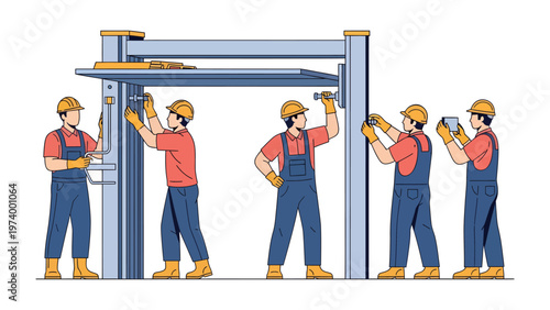 Construction Team at Work: A team of dedicated construction workers diligently collaborate, employing their expertise to assemble a structural component with precision.