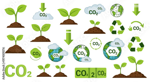 Carbon Footprint Reduction Icons Set - CO2 Emissions, Sustainability, and Ecology Illustration