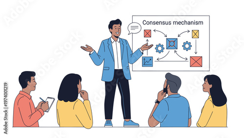 Business Presenter Explaining Consensus Mechanism Diagram to Diverse Team