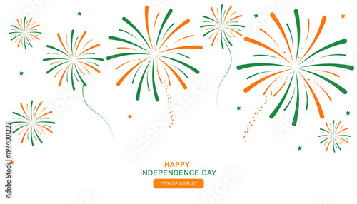 India Independence Day banner with fireworks in the colors of the tricolor. Horizontal vector illustration on a white background for festive marketing and greetings for August 15.
