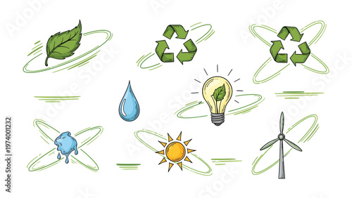 Eco-Friendly Elements: A collection of symbolic graphics showcasing sustainable practices and environmental consciousness, promoting the value of protecting nature for future generations.