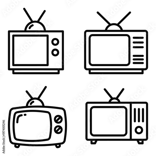 Four different old television sets with antennas on transparent background icon