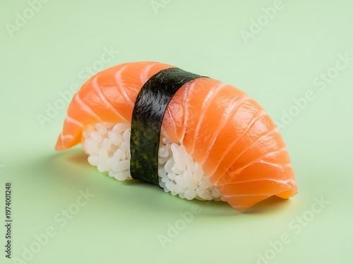 Vibrant salmon nigiri sushi with nori on a serene pastel green backdrop