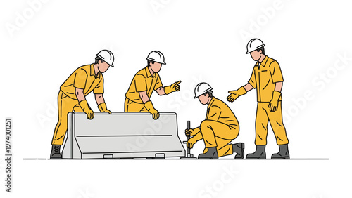 Construction Crew Collaboration: A group of construction workers in safety gear diligently work together to assemble a barrier, demonstrating the spirit of teamwork and construction.