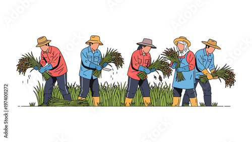 Harvesting Harmony: A dedicated group of farmers working together in a rice field, demonstrating the age-old tradition of agriculture and the spirit of communal effort.