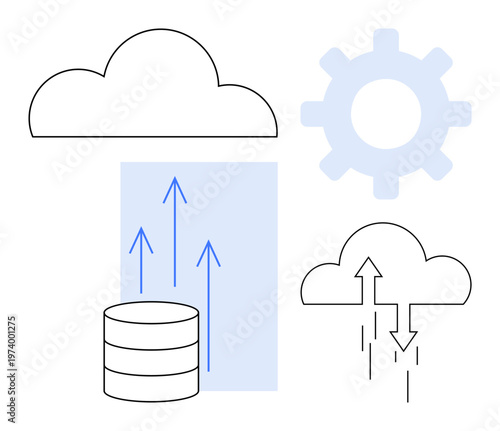 Cloud computing concept. Cloud symbols data storage, transfer, and integration. Cloud computing revolutionizes data sharing, processing, and storage. For IT, software data solutions and innovation