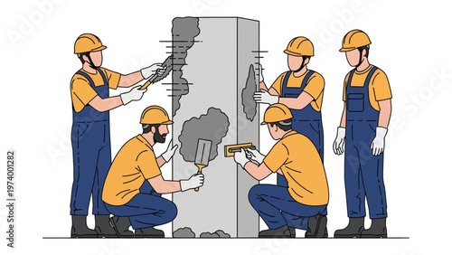 Construction Workers at Work: A team of construction workers meticulously working on repairing or renovating a concrete pillar, showcasing skill and teamwork.