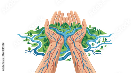 Hands Holding a Healthy Nature Ecosystem with Vein Rivers