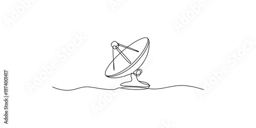 Continuous line drawing of a satellite dish on a pedestal with wavy ground line one