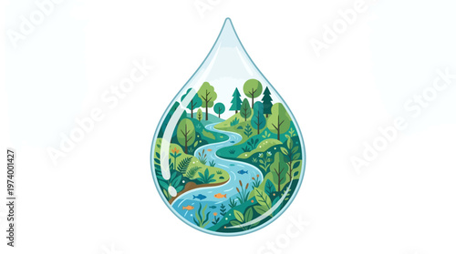 Crystal Clear Water Drop with Internal Green Forest and River