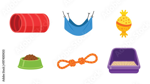 Essential Pet Supplies Flat Vector Set: Tunnel, Hammock, Bowl, Toys, and Litter Box for Pet Care