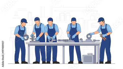 Manufacturing Precision: Skilled workers meticulously assemble components, their focused expressions a testament to the dedication required for precision manufacturing. A study of Industry.