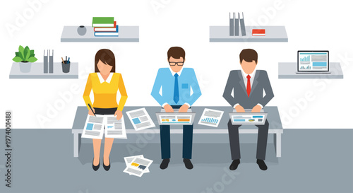 Business people reading newspapers together.