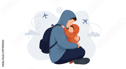 Refugee Parent and Child Embracing with Airplanes Background - Immigration and Travel Concept Illustration