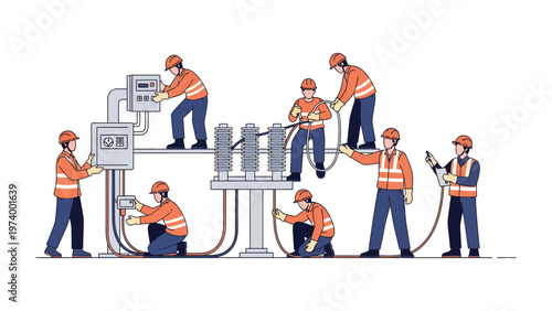 Power Grid Crew: Illustrative depiction of a dedicated power grid crew, meticulously performing maintenance and repairs on a complex network of electrical infrastructure. 