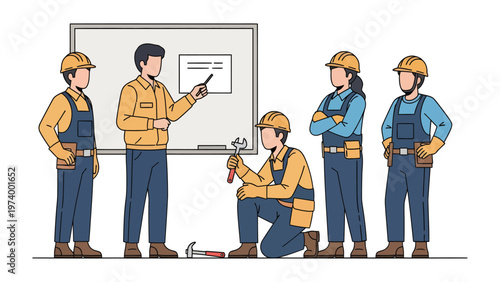 Construction Training Session: A construction training session unfolds as a instructor delivers a lecture, with the other workers in attendance, highlighting collaboration and knowledge sharing.