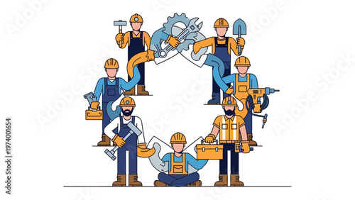 Construction Crew in a Circle: A team of construction workers is arranged in a circular formation, representing unity and collaboration in the industry. They're ready to build