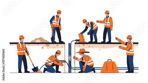 Construction Crew at Work: A collaborative team of construction workers engaged in various tasks at a construction site, dressed in safety gear, highlighting teamwork and the building process.