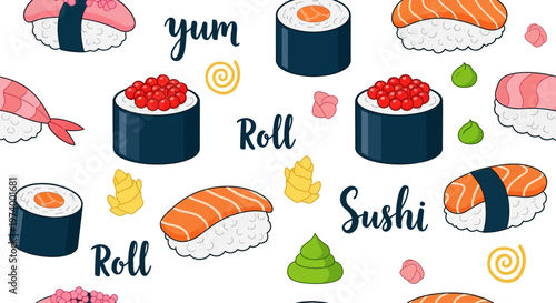 Vector Illustration of Japanese Sushi and Rolls Background with Salmon Nigiri, Red Caviar, Wasabi, and Ginger