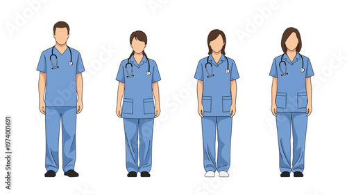 Medical staff in blue scrubs with stethoscopes. Male and female healthcare worker uniform vector illustration.
