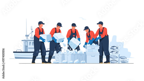 Coastal Harvest: Fishermen work diligently at the docks, harvesting their daily catch of fish from the sea, showcasing hard work and the bounty of the ocean.