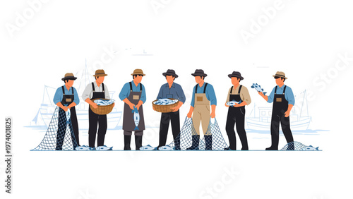 Harvest of the Sea: A determined team of fisherman celebrate a successful haul, each with a basket or handful of glistening fish from the sea. Capturing the spirit of unity and hard work.