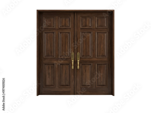 Fotografia Elegant dark walnut double doors featuring golden handles and intricate wood iso