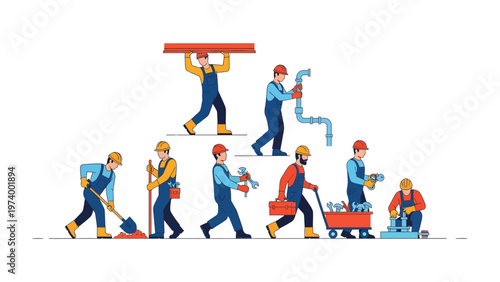 Construction Team in Action: A dynamic illustration showing a construction team in full swing. This image captures the essence of teamwork and skillful execution in the building trades.