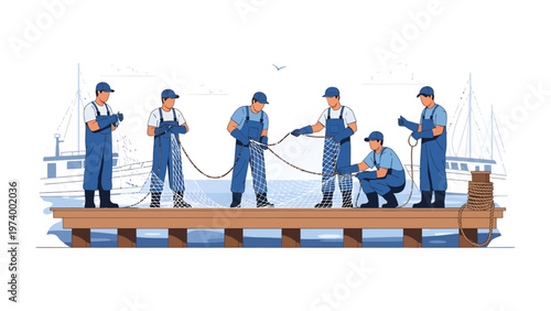 Harmony on the Docks: A team of dedicated individuals works in unison on a dock, illustrating a scene of teamwork and cooperation in a maritime setting.