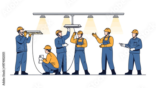 Installation Crew in Action: A team of skilled technicians meticulously installs lighting fixtures, their focused work illuminating the collaborative nature of modern construction.