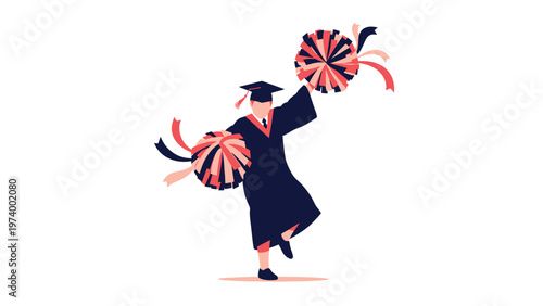 Excited graduate student with pom-poms celebrating academic achievement and success