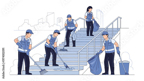 Community in Action: A dedicated team of individuals diligently cleans a public stairway, embodying the spirit of community service and environmental stewardship.