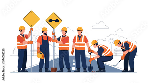 Road Construction Team: A dedicated team of road construction workers diligently at a roadway, ensuring smooth and safe passage for all travelers. Symbolizing progress and infrastructural development