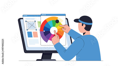 Graphic Designer Selecting Colors on Digital Color Wheel for Creative Project