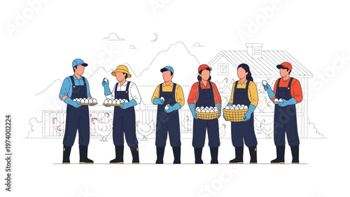 Farm Workers with Fresh Eggs: A team of dedicated farm workers showcases freshly collected eggs, symbolizing the harvest from a rural farm, capturing the essence of agricultural life.