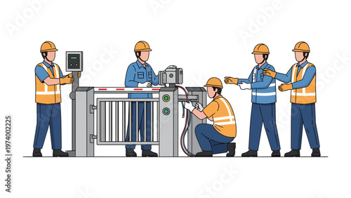 Gate Maintenance Crew: A dedicated team of engineers, clad in safety gear, meticulously examine and maintain a sturdy automated gate.