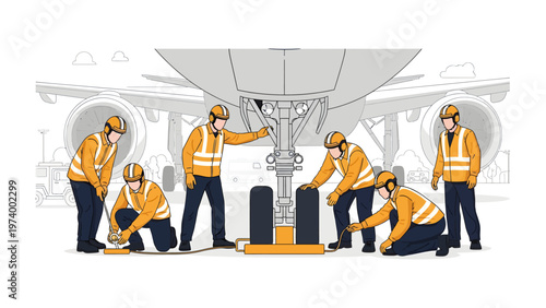 Aircraft Maintenance: A dedicated crew of aircraft mechanics meticulously inspects and maintains the landing gear of a large passenger plane.
