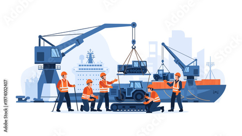 Loading Goods: A dynamic scene of dockworkers and heavy machinery, orchestrating the loading of cargo onto a ship, showcasing the synergy of industry and transport. 