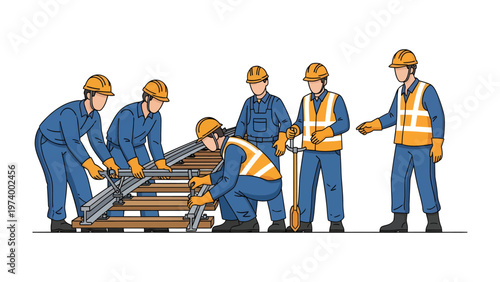 Team of Construction Workers: A dedicated group of construction workers in safety attire working collaboratively to lift and organize heavy materials.