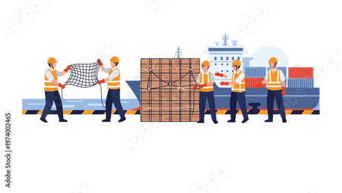 Shipping Team in Action: A group of shipping workers skillfully coordinate the handling of cargo, showcasing teamwork and efficiency in the logistics industry. 