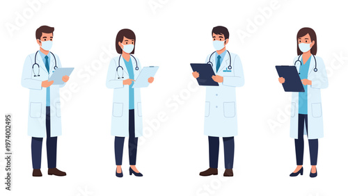Medical professionals wearing face masks and lab coats with clipboards, healthcare team illustration