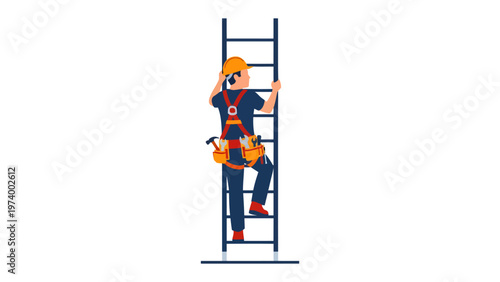 Construction Worker Ascending Ladder: A construction worker, safely secured with a harness and hard hat, steadily ascends a ladder, embodying reliability, and precision.