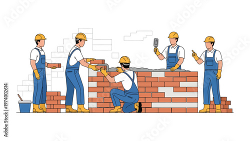Bricklayers at Work: A collaborative group of construction workers methodically lay bricks, constructing a wall with precision and expertise, a scene showcasing teamwork and the building process.
