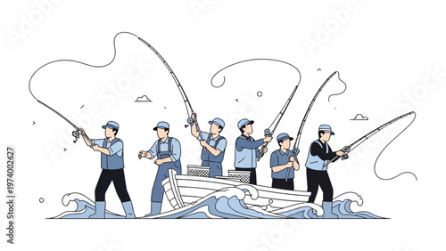 Fishermen on the Open Waters: A group of skilled fishermen cast their lines, creating a dynamic scene of teamwork and dedication on the open waters