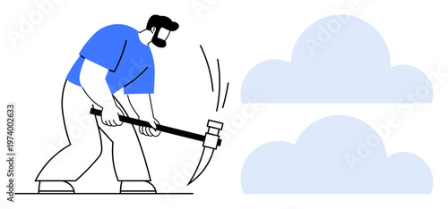 Cloud computing, data management, digital transformation, network security, cloud engineering, system optimization. Man breaking cloud forms with pickaxe. Cloud computing and data management