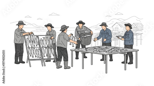 Fishermen's Harvest: An illustrative scene of hardworking fishermen carefully organizing their fresh catch. Depicting the essence of community collaboration and sustenance from the sea.